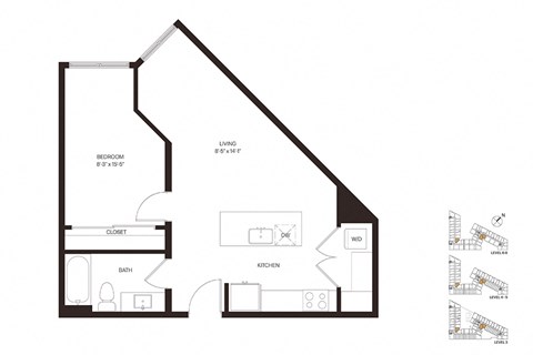 Floor plan for 1 bed, 1 bath, 710 sqft
